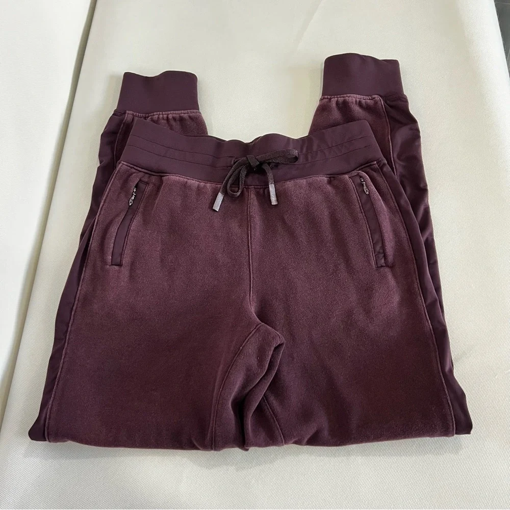 Lululemon Fleece Jogger Pants Size 4 Cotton Blebs Side Zip Pockets Burgundy